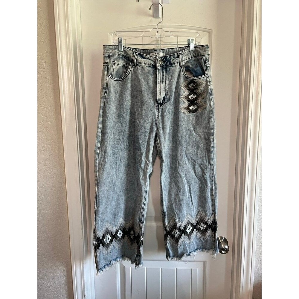 Crazy Train Aztec Print Wide Leg Distressed Hem Jeans, Size 15/32